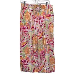 C&C California Tropical Palm Print Linen Blend Wide Leg Tassel Pants Pink‎ Large
